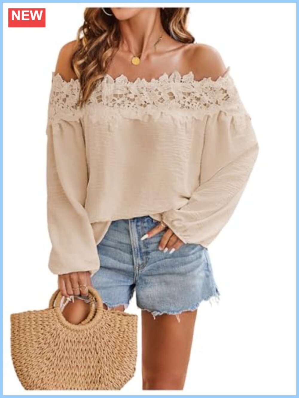 Lace Off Shoulder Long Sleeve Blouse Bishop Sleeve Vacation Top